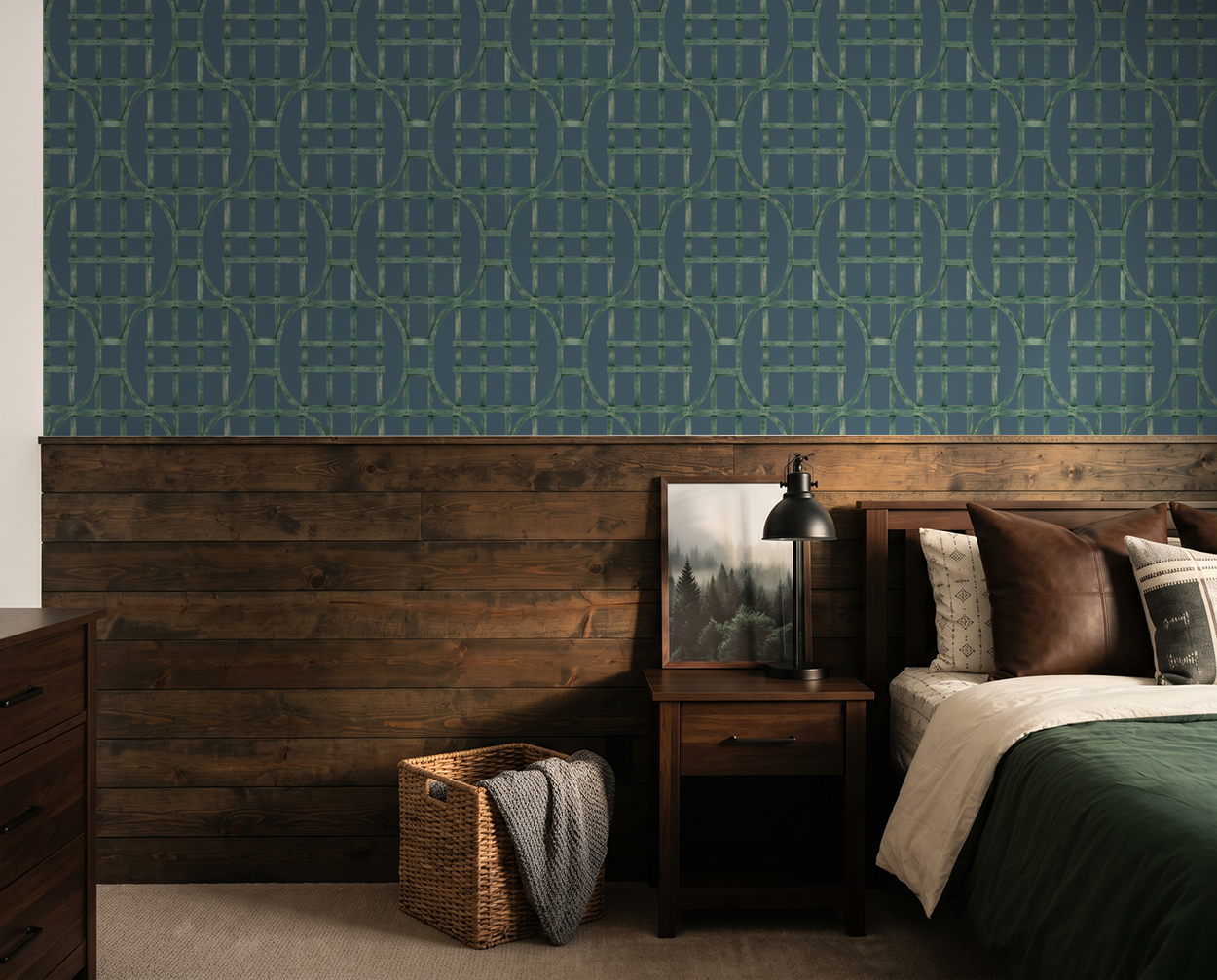 Deep blue and green trellis wallpaper in cozy bedroom with wooden accents.