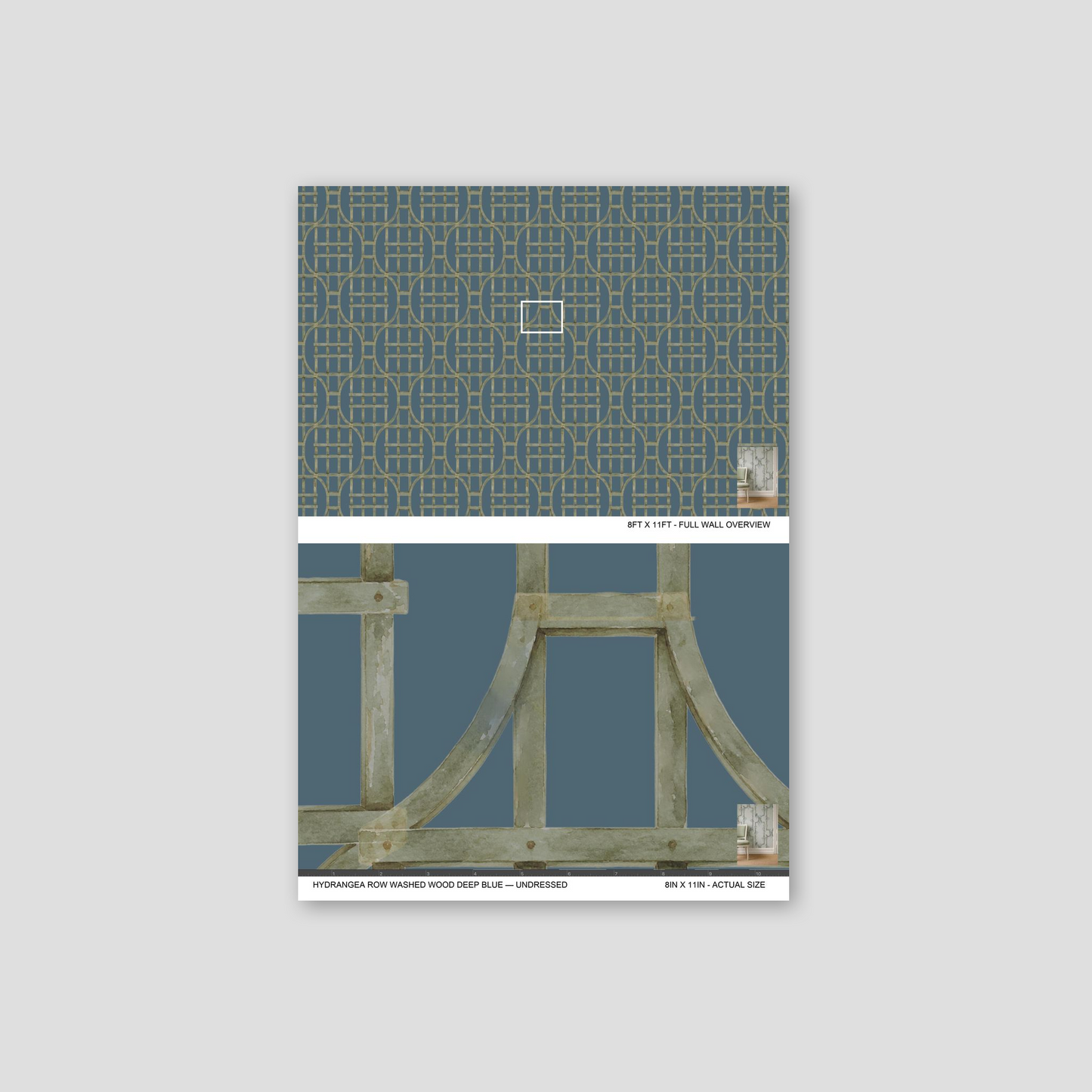 Deep blue wallpaper with green trellis pattern, classic English garden style.