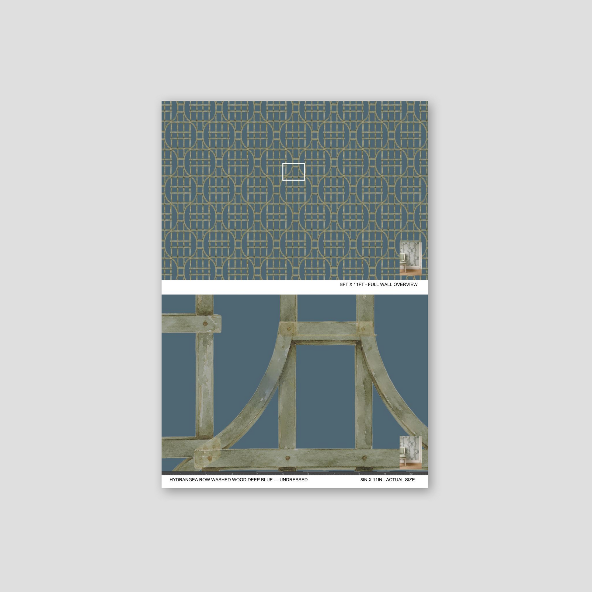 Deep blue wallpaper with green trellis pattern, classic English garden style.