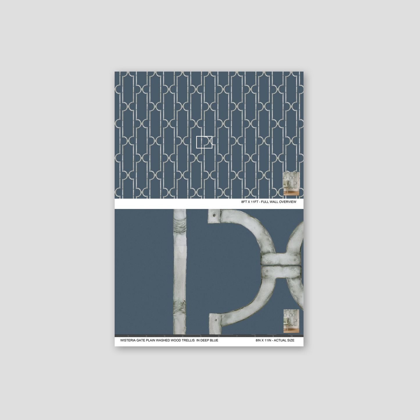 Deep blue trellis patterned wallpaper sample with geometric design.