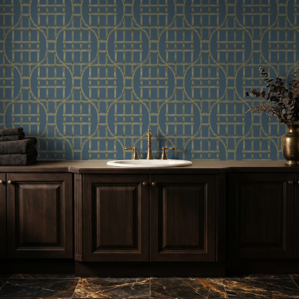 Deep blue trellis wallpaper in bathroom with dark wood cabinets.