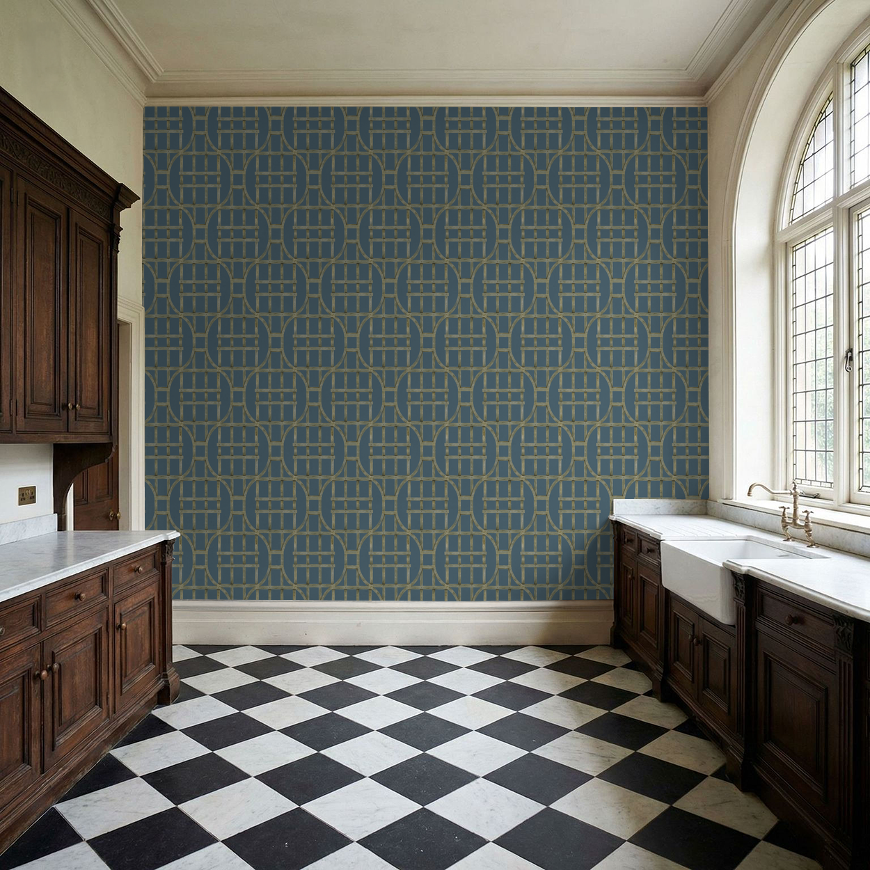Deep blue trellis wallpaper in vintage kitchen with checkered floor and wooden cabinets.