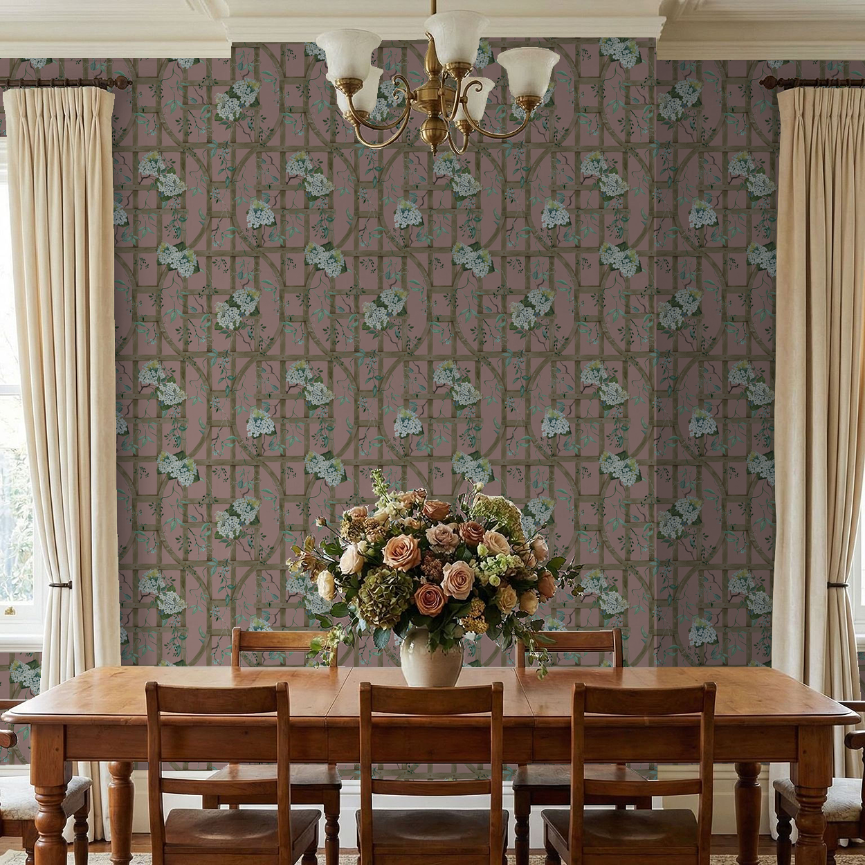 Dining room with deep rose hydrangea trellis wallpaper and wooden table.