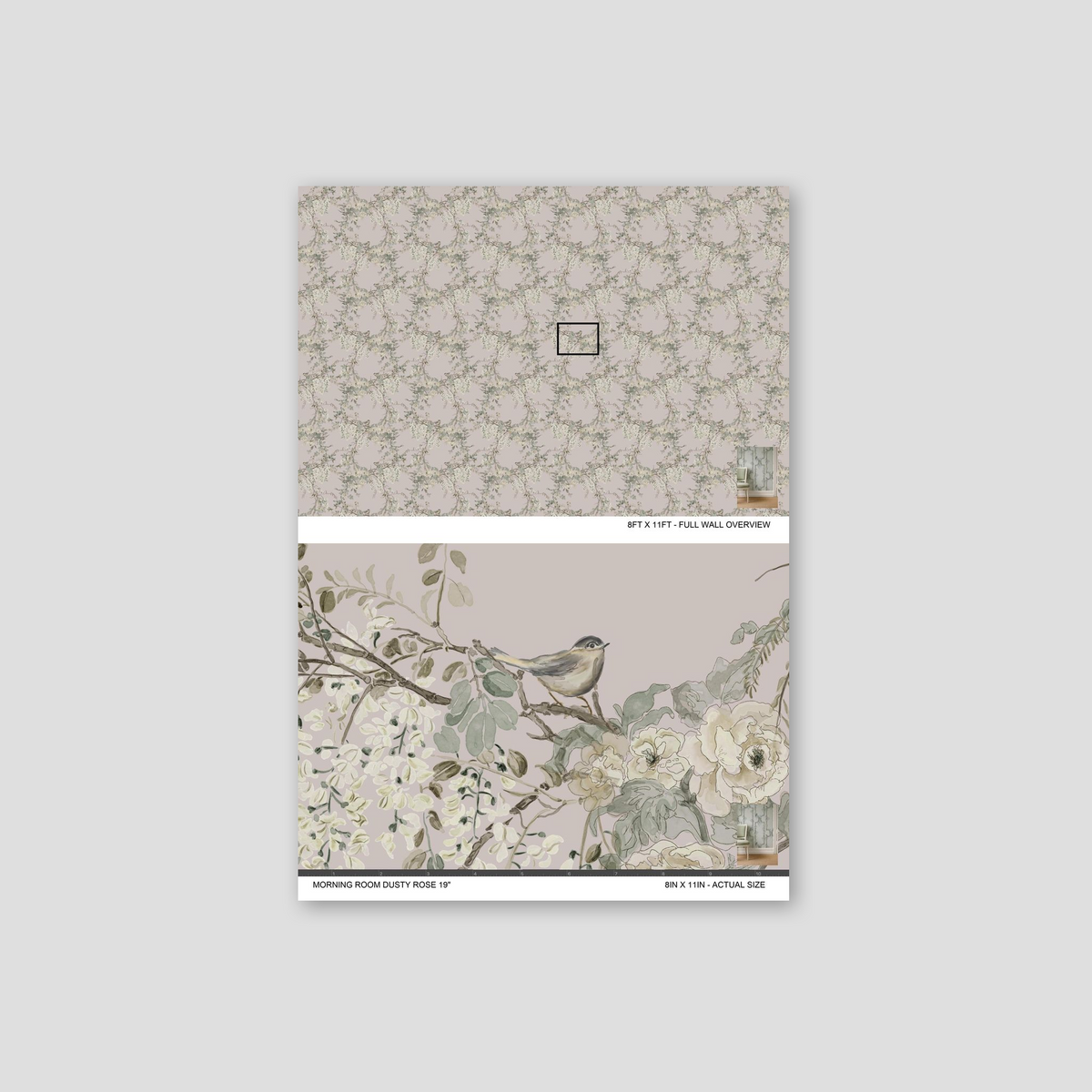 Delicate floral wallpaper with birds and branches in dusty rose and green tones.