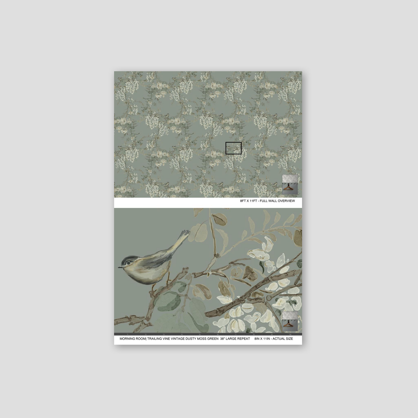 Dusty moss green wallpaper with delicate floral and bird pattern.