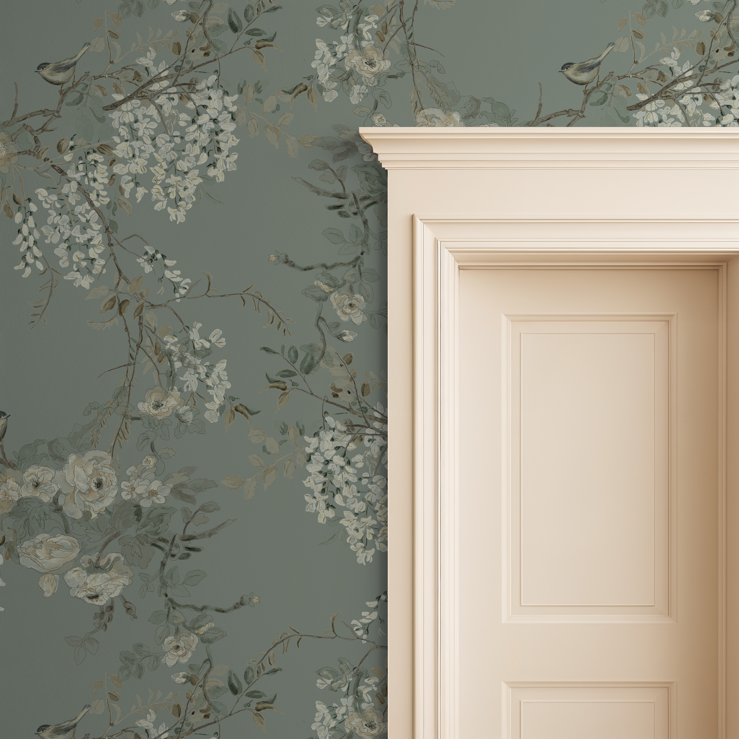 Dusty moss green wallpaper with trailing vine floral and bird pattern in elegant room setting.