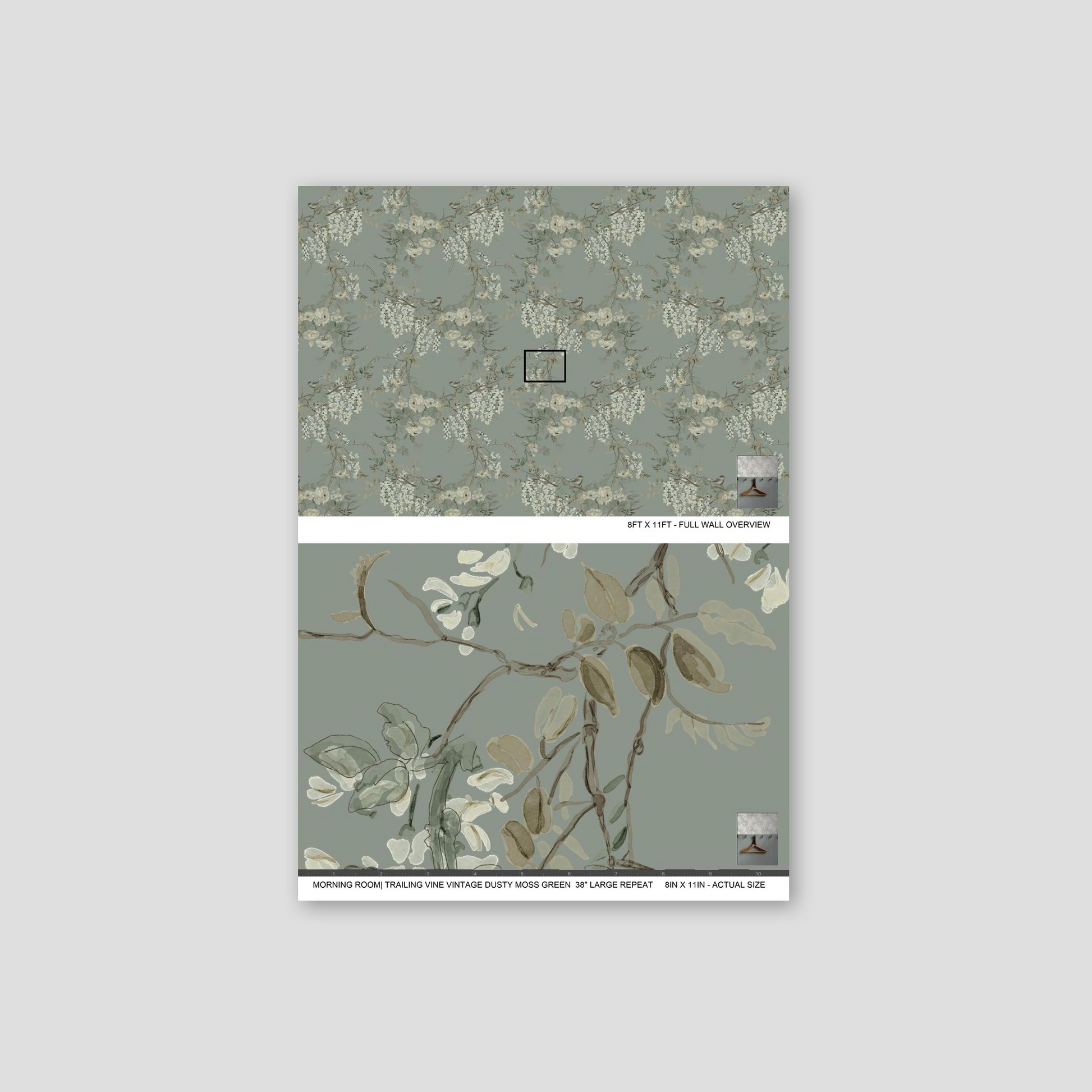 Dusty moss green wallpaper with trailing vine and floral pattern.