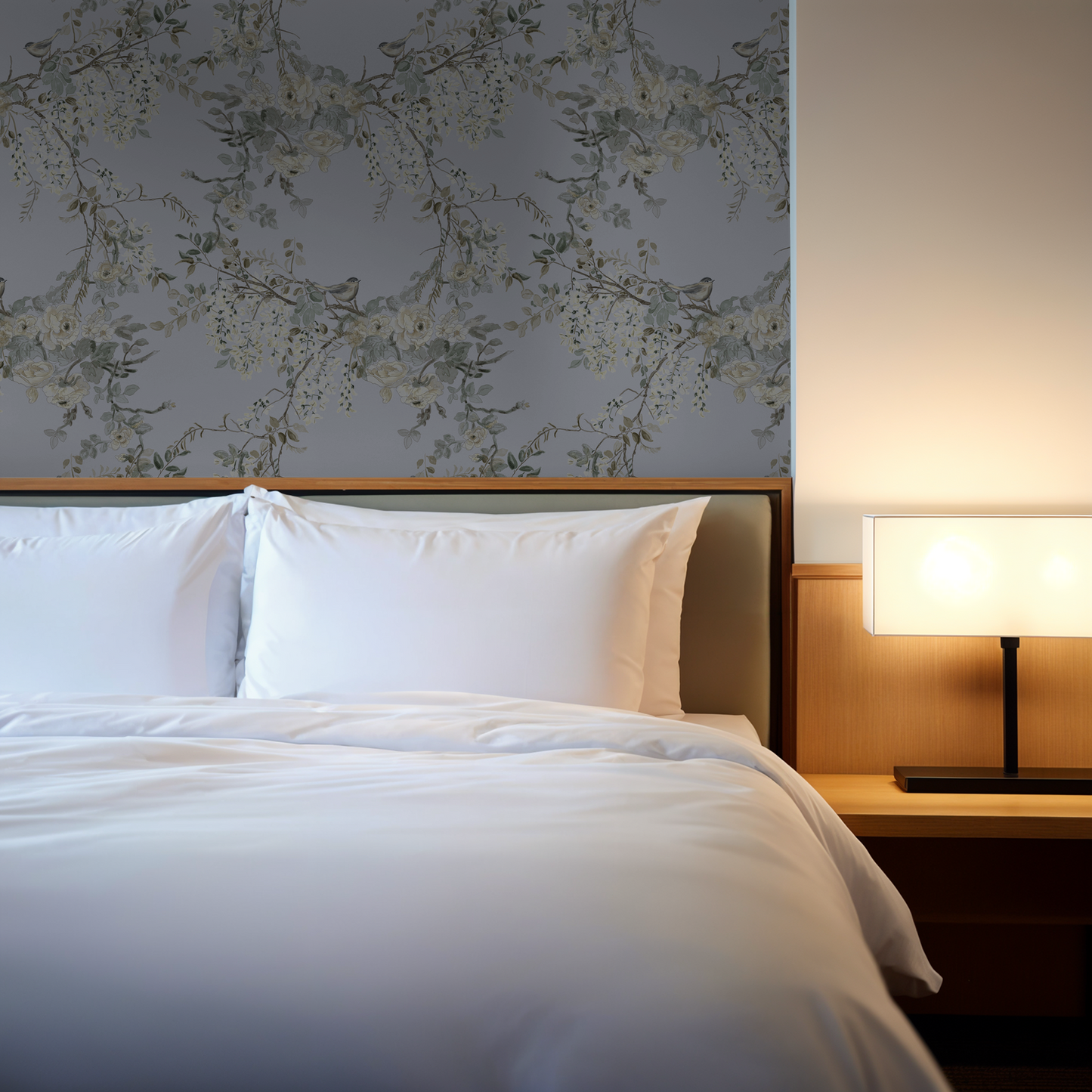 Dusty periwinkle floral wallpaper with birds in a cozy bedroom