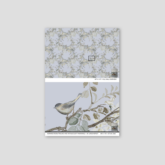 Dusty periwinkle wallpaper with trailing vines and birds, elegant floral pattern.