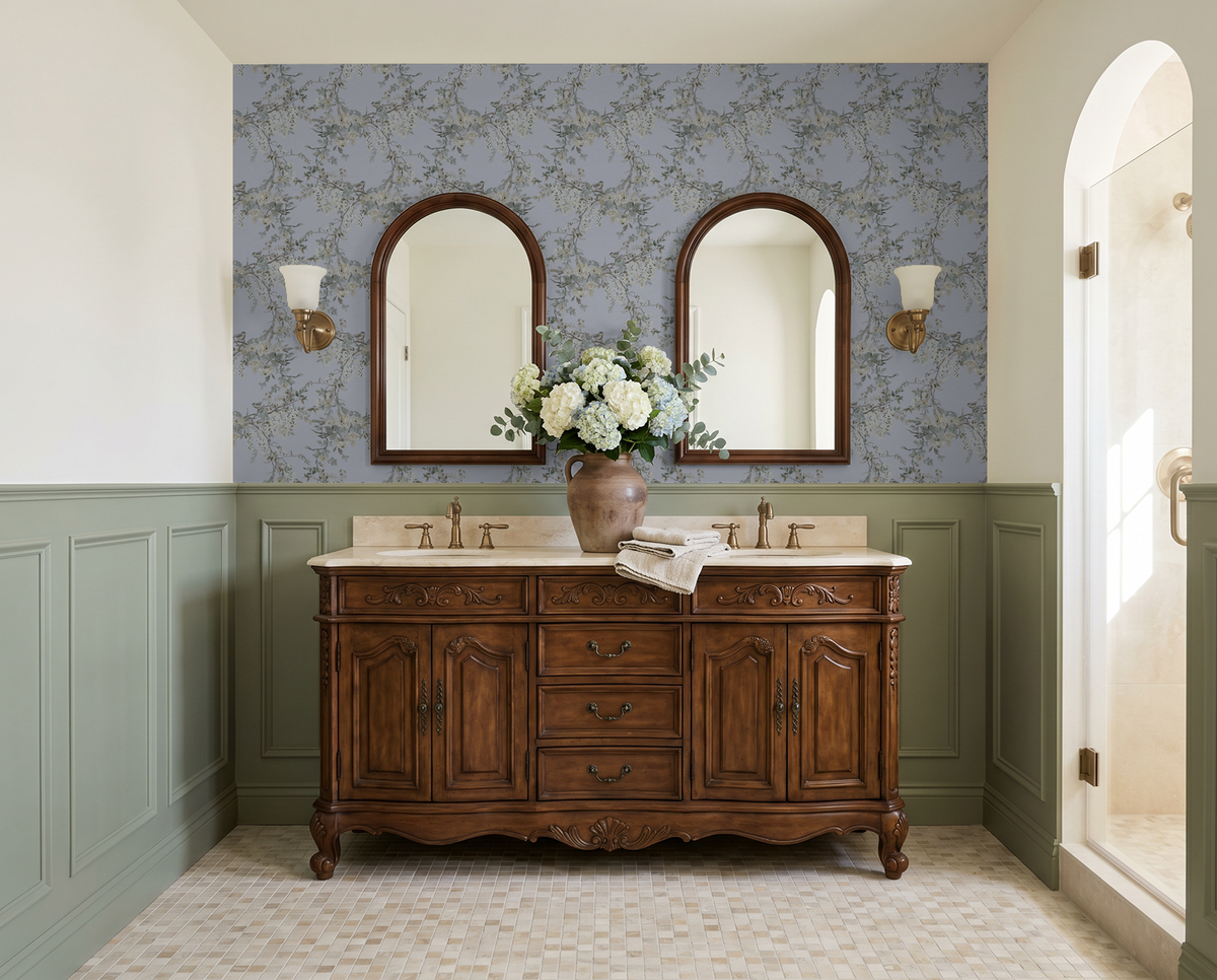 Dusty violet floral wallpaper with birds in elegant bathroom setting.