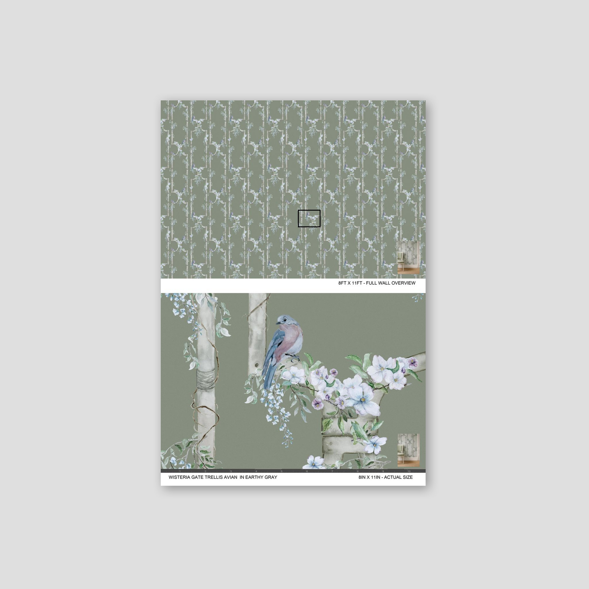 Earthy gray wallpaper with blue birds, white blossoms on trellis, sage green background.