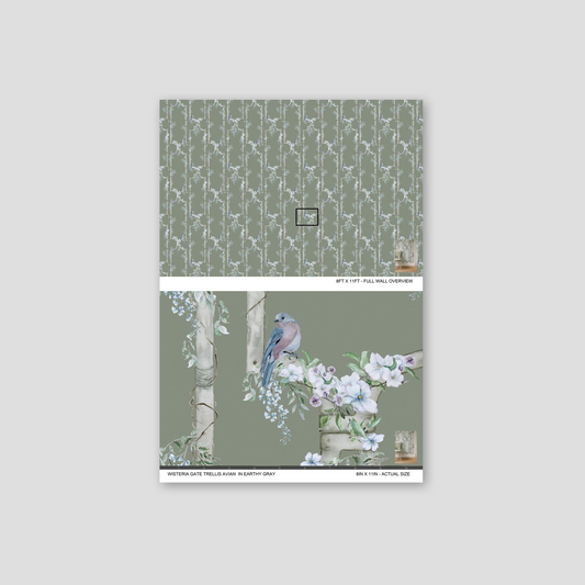 Earthy gray wallpaper with blue birds, white blossoms on trellis, sage green background.