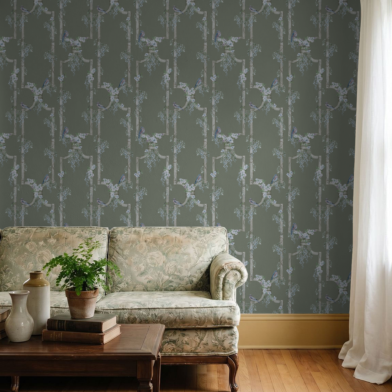 Earthy gray wallpaper with blue birds and white blossoms in living room setting.