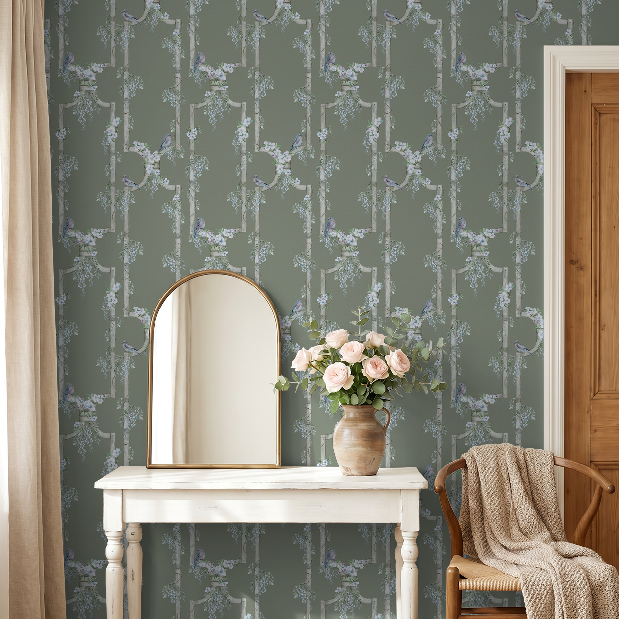 Earthy gray wallpaper with blue birds and white blossoms in vintage living room.