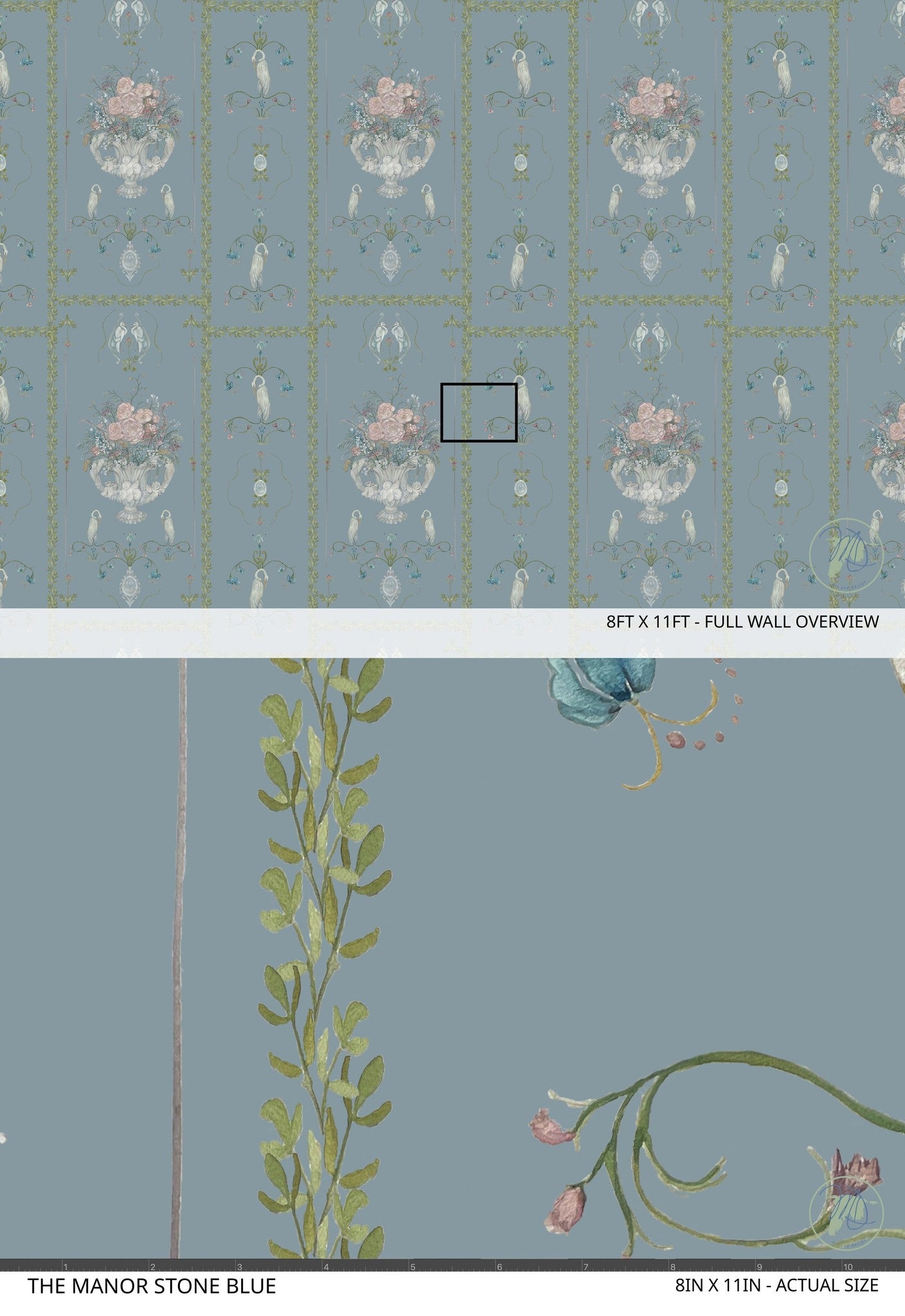 Elegant blue wallpaper with floral and swan motifs, intricate design.