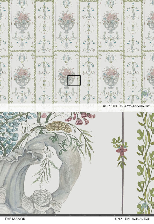 Elegant floral wallpaper with pastel motifs and intricate details, ideal for serene decor.