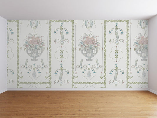 Elegant floral wallpaper with pastel motifs in a minimal room setting.