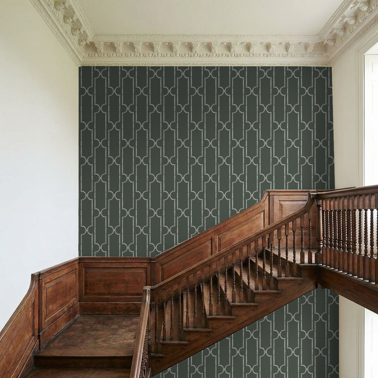 Elegant trellis pattern wallpaper in deep earth tone with wooden staircase