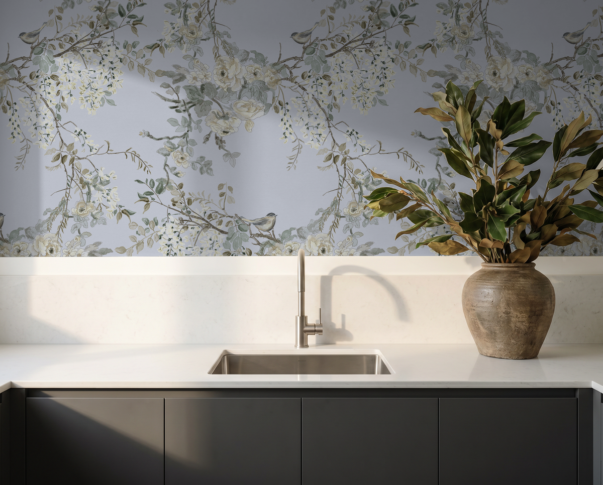 Floral and bird wallpaper in soft periwinkle with cream and sage in modern kitchen.