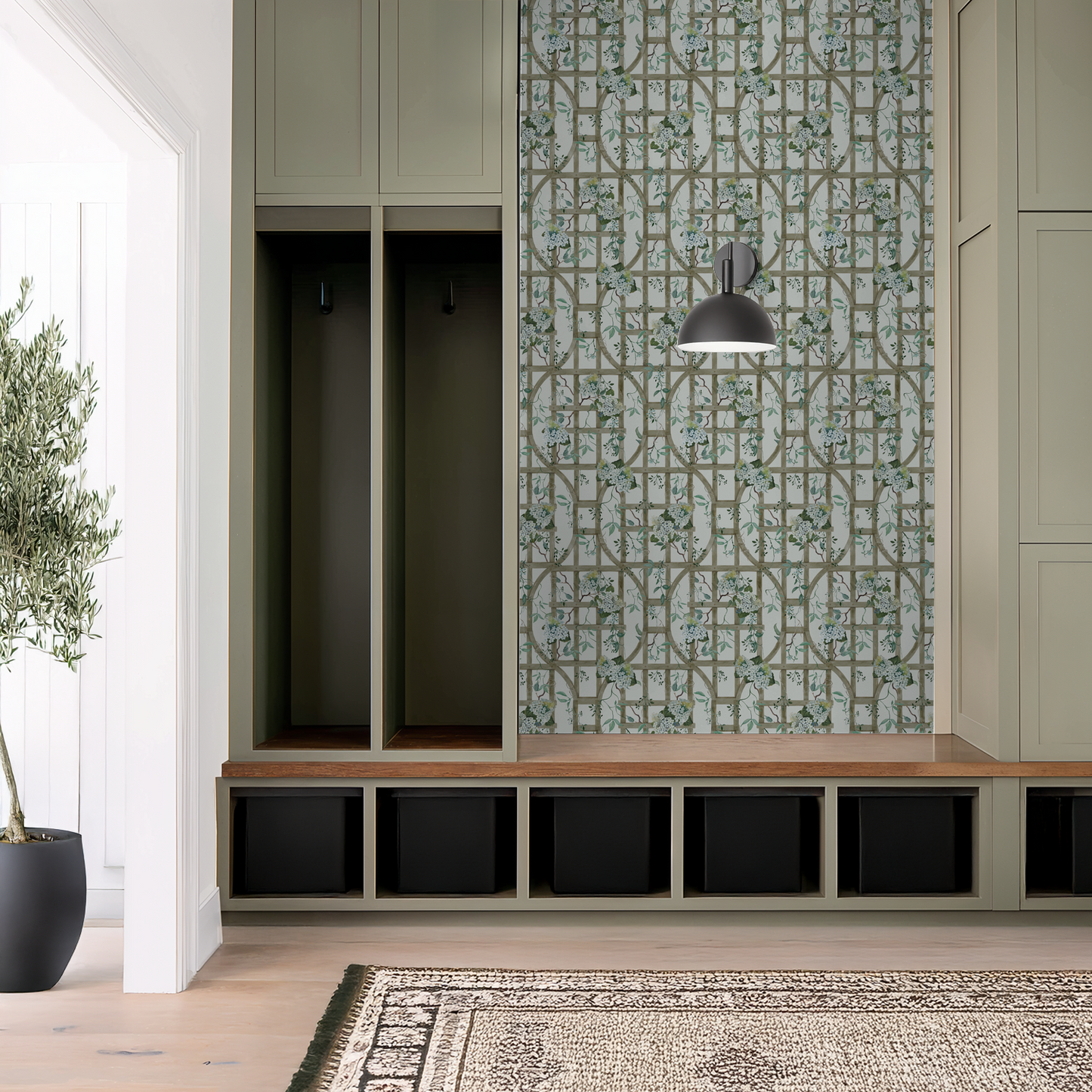 Floral trellis wallpaper with hydrangeas in a modern hallway setting.