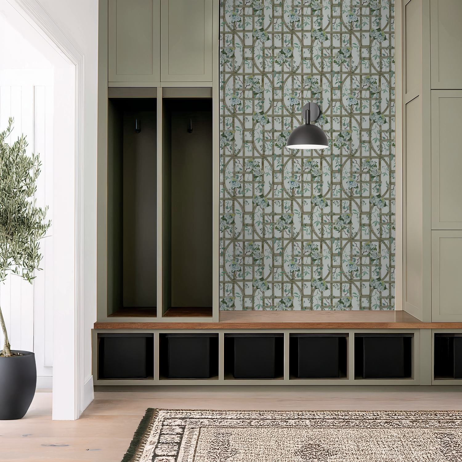 Floral trellis wallpaper with hydrangeas in a modern hallway setting.