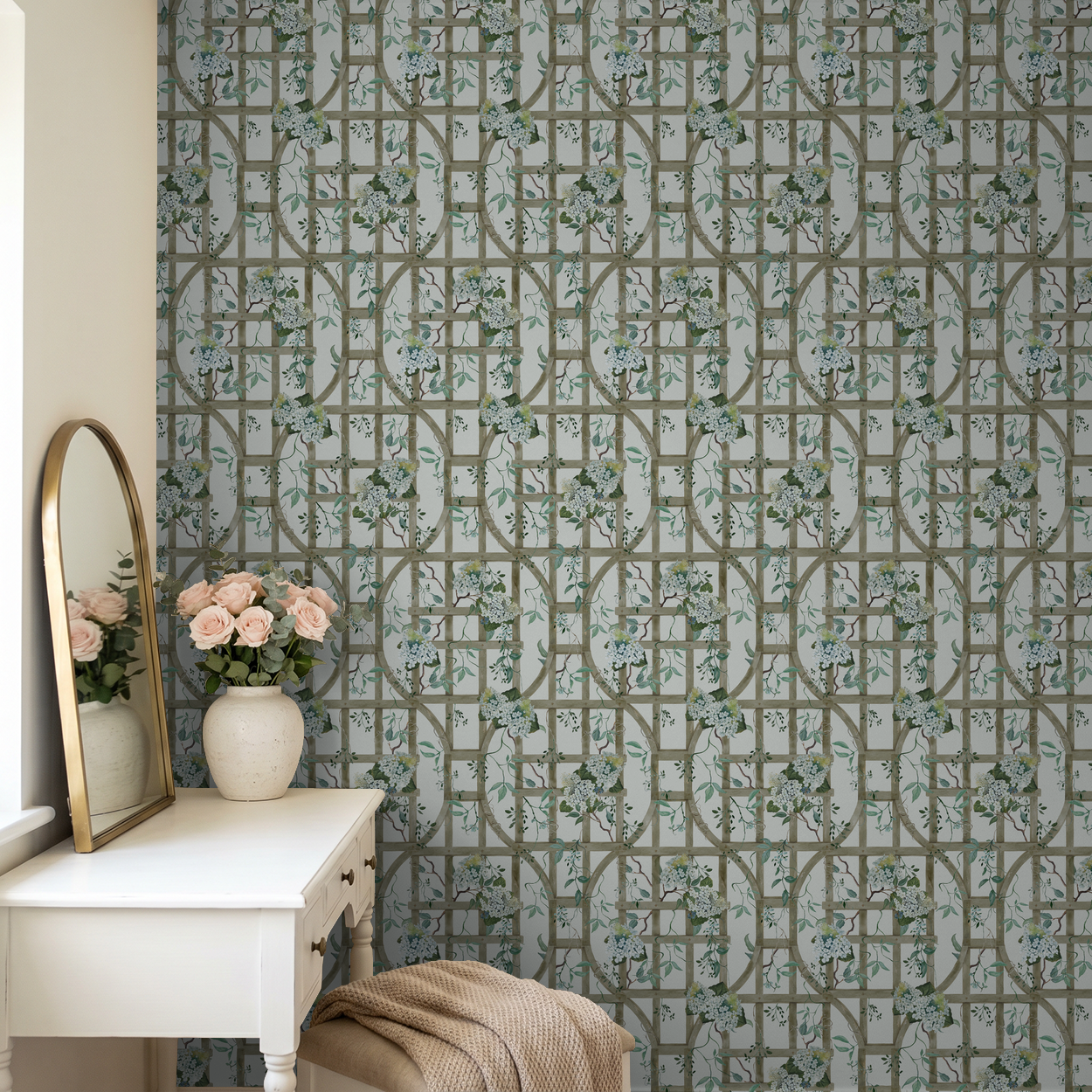 Floral trellis wallpaper with hydrangeas in a vintage-style room with a vanity.