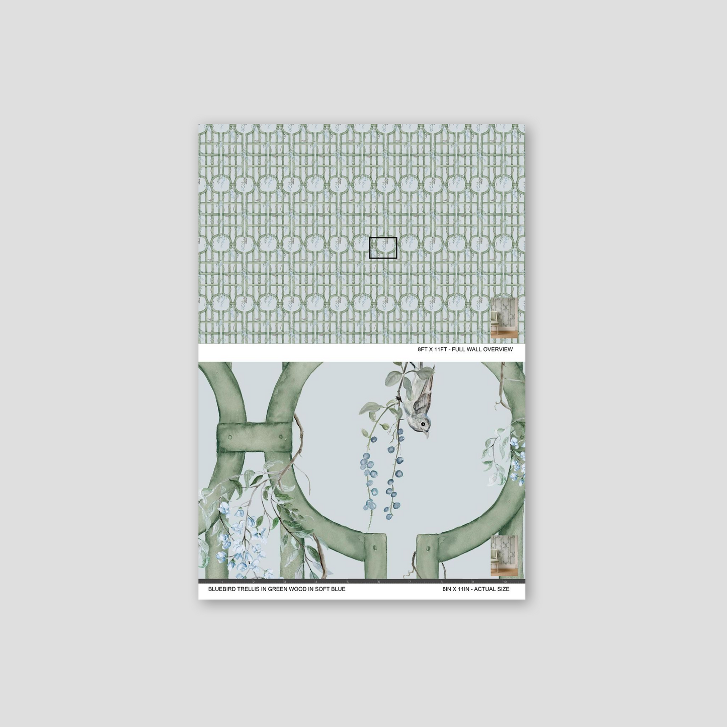 Floral trellis wallpaper with green vines and birds on soft blue background.