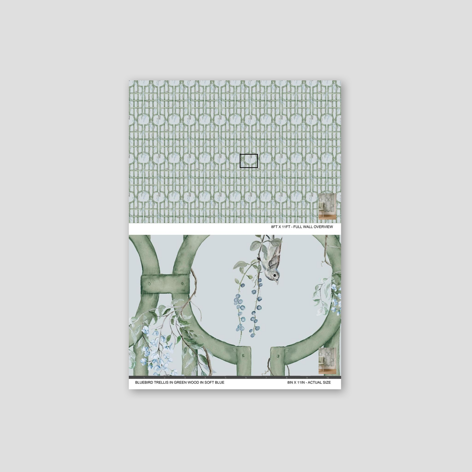 Floral trellis wallpaper with green vines and birds on soft blue background.