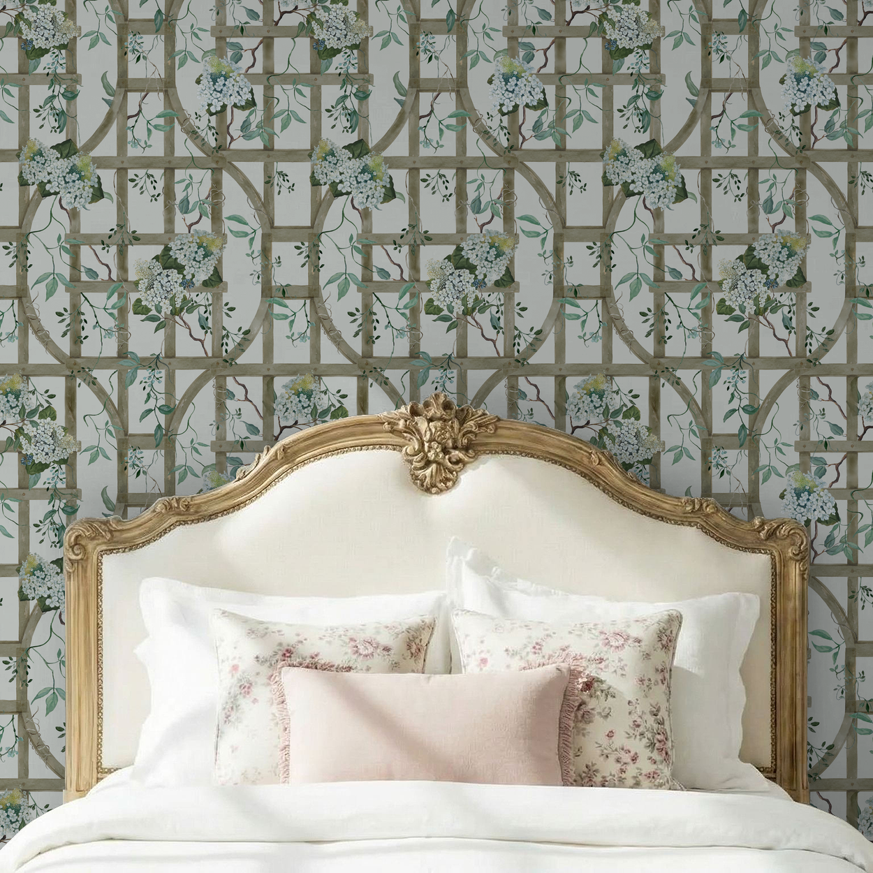 Floral trellis wallpaper with hydrangeas in elegant bedroom setting.