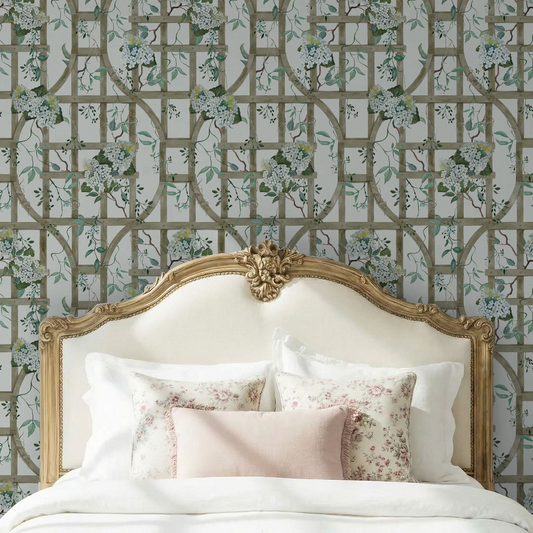 Floral trellis wallpaper with hydrangeas in elegant bedroom setting.