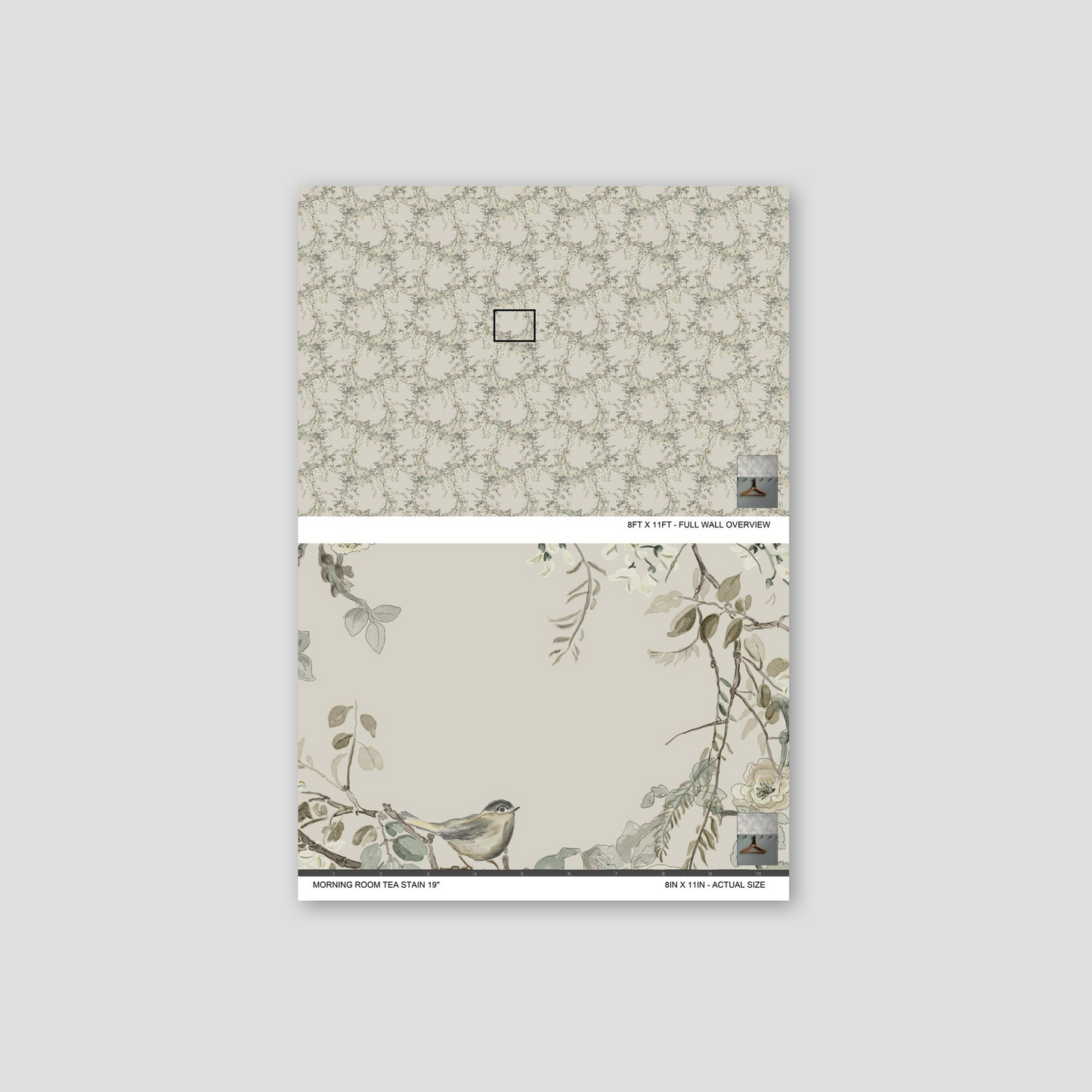 Floral wallpaper with branches, blossoms, and a bird in soft greens and creams.