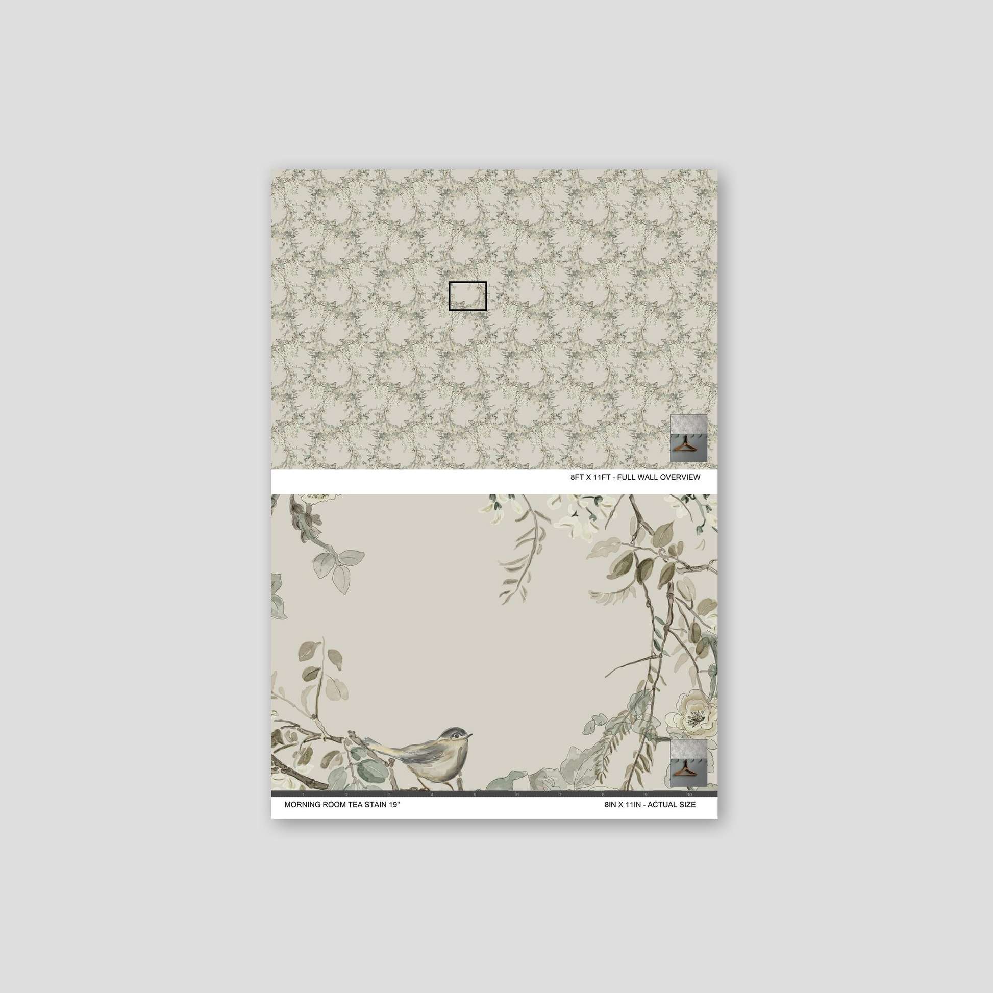 Floral wallpaper with branches, blossoms, and a bird in soft greens and creams.