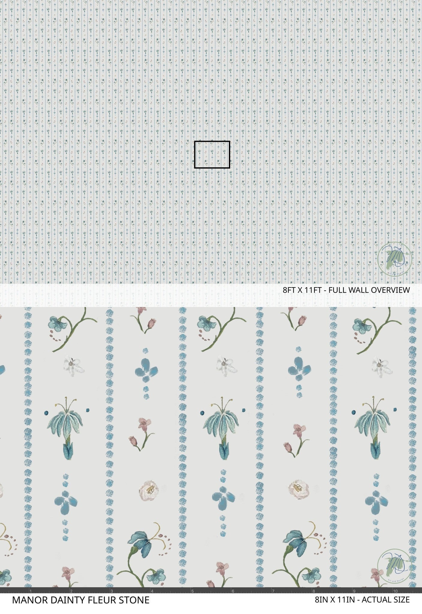 Floral wallpaper with delicate blue and pink motifs on a soft backdrop.