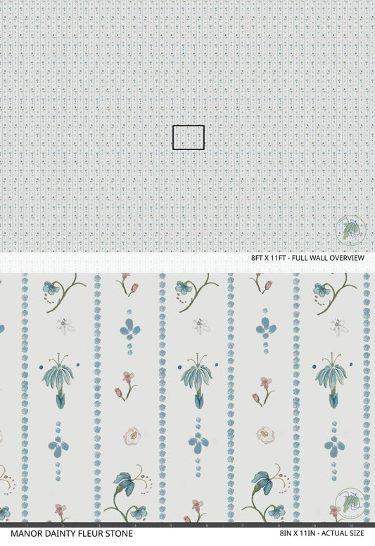 Floral wallpaper with delicate blue and pink motifs on a soft backdrop.