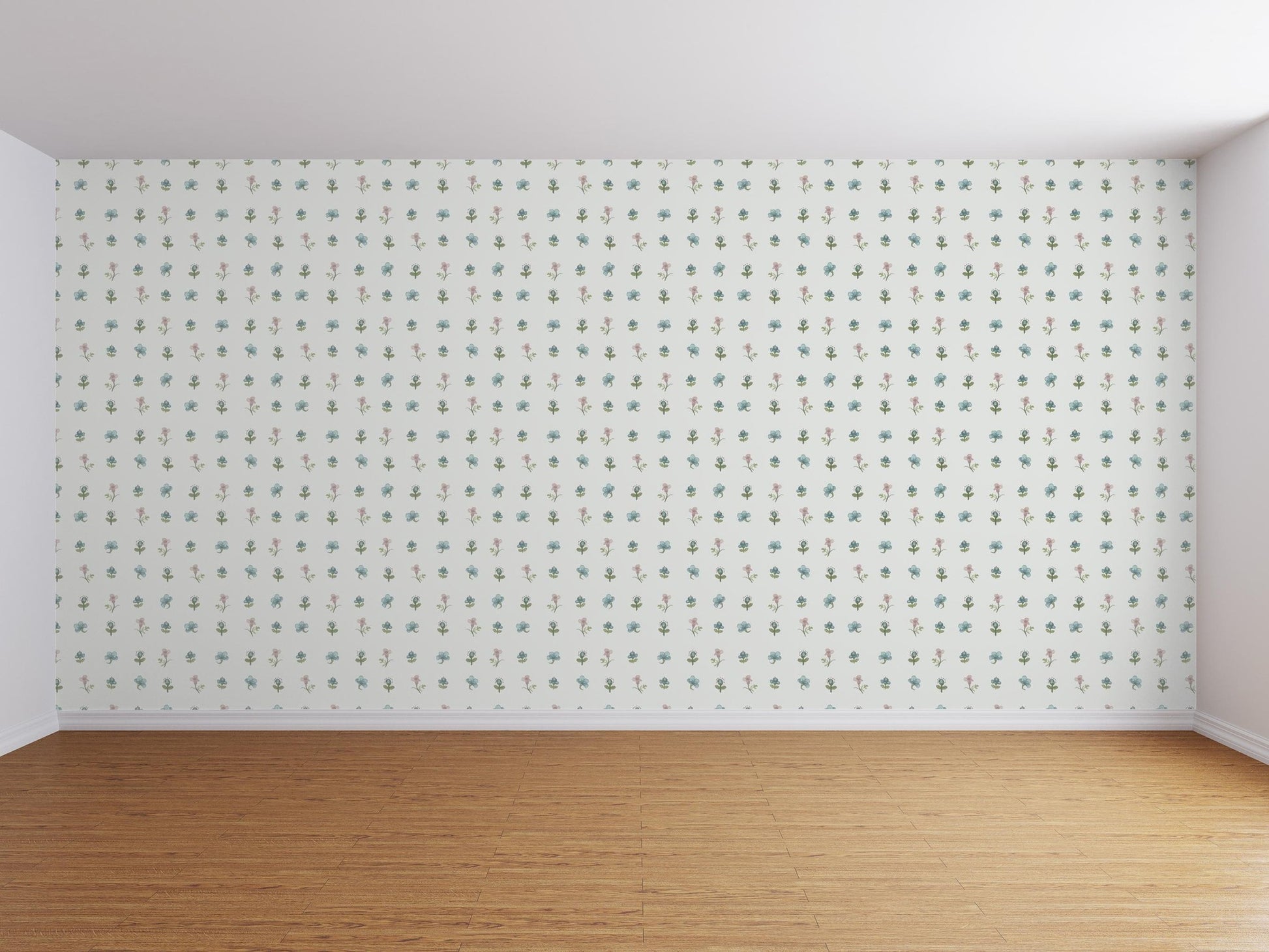 Floral wallpaper with delicate flowers on a light background in a minimalist room.