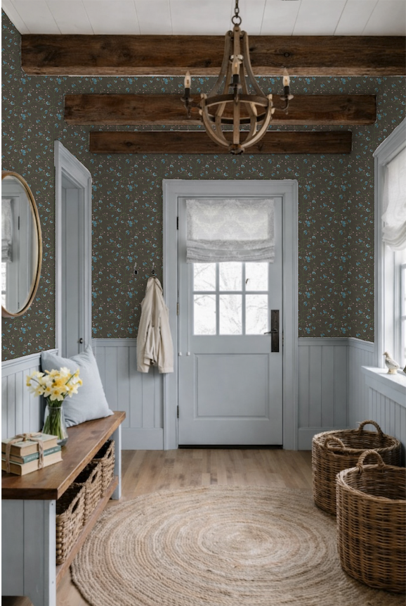 Foyer with blue woodwork and dark brown twirly floral wallpaper