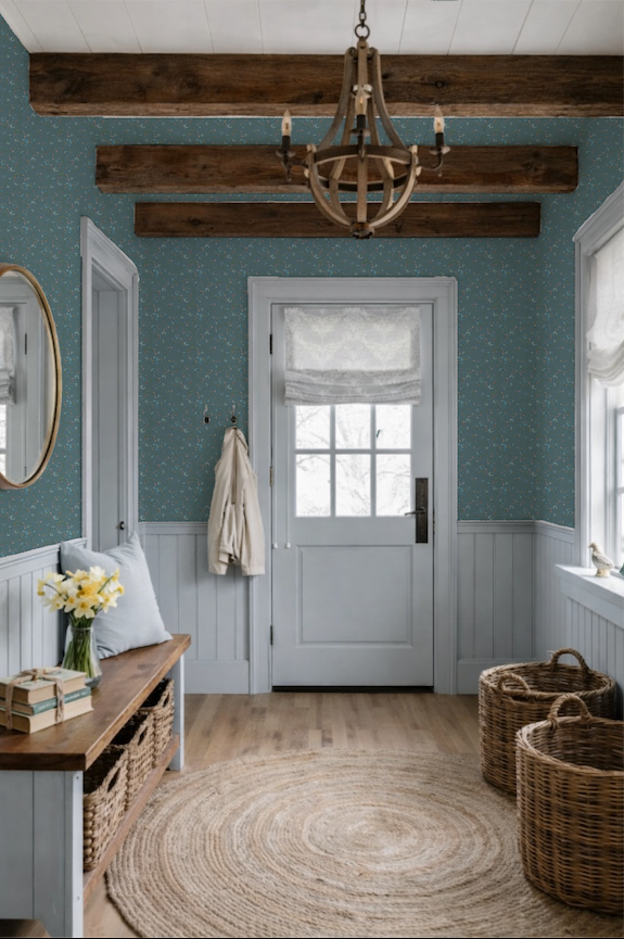 Foyer with teal floral wallpaper