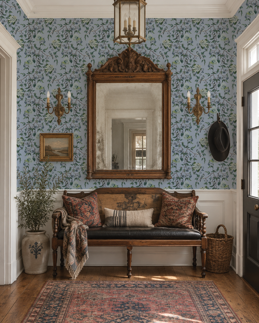 Sunken Garden Coastal Cottage Chickadee and Hydrangea Wallpaper Melissas blue