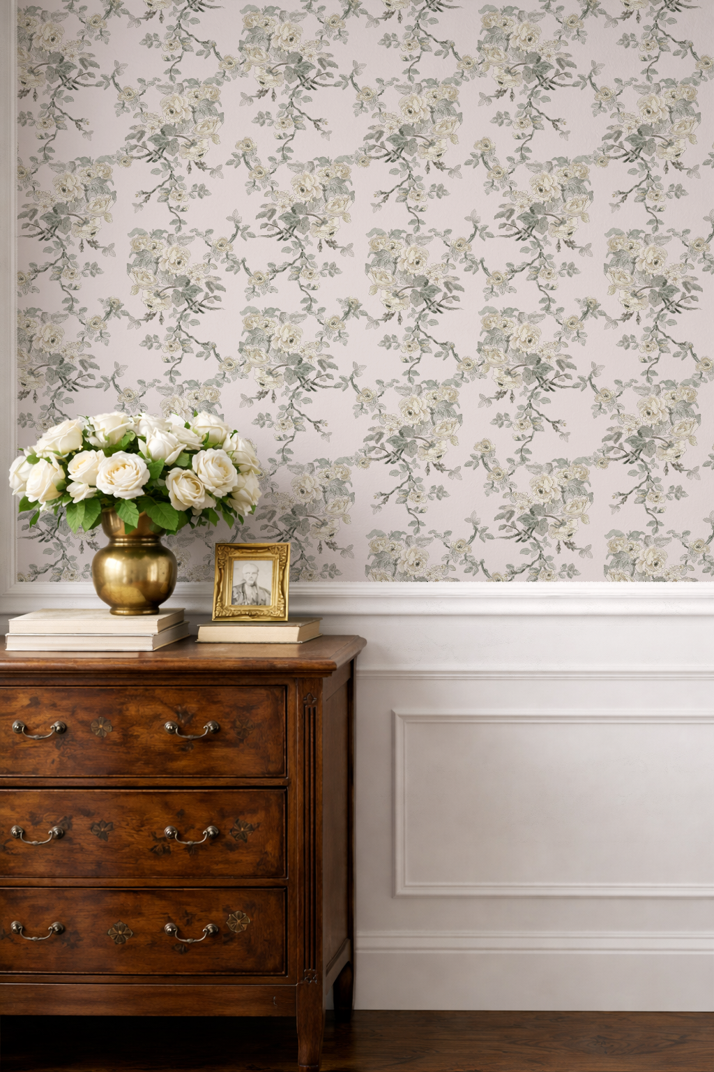 The Garden Room Wallpaper Weeping Roses and Vines Floral –in  Blush & Sage Floral | Traditional Coastal Cottage Melissa Dayton Wallpaper