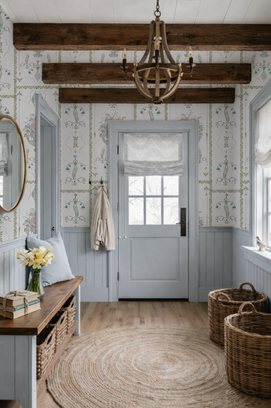 A bright, traditional-style entryway or hallway with pale blue walls, floral wallpaper, dark wood ceiling beams, a hanging chandelier, a wooden bench with baskets, and a large round jute rug on the floor.