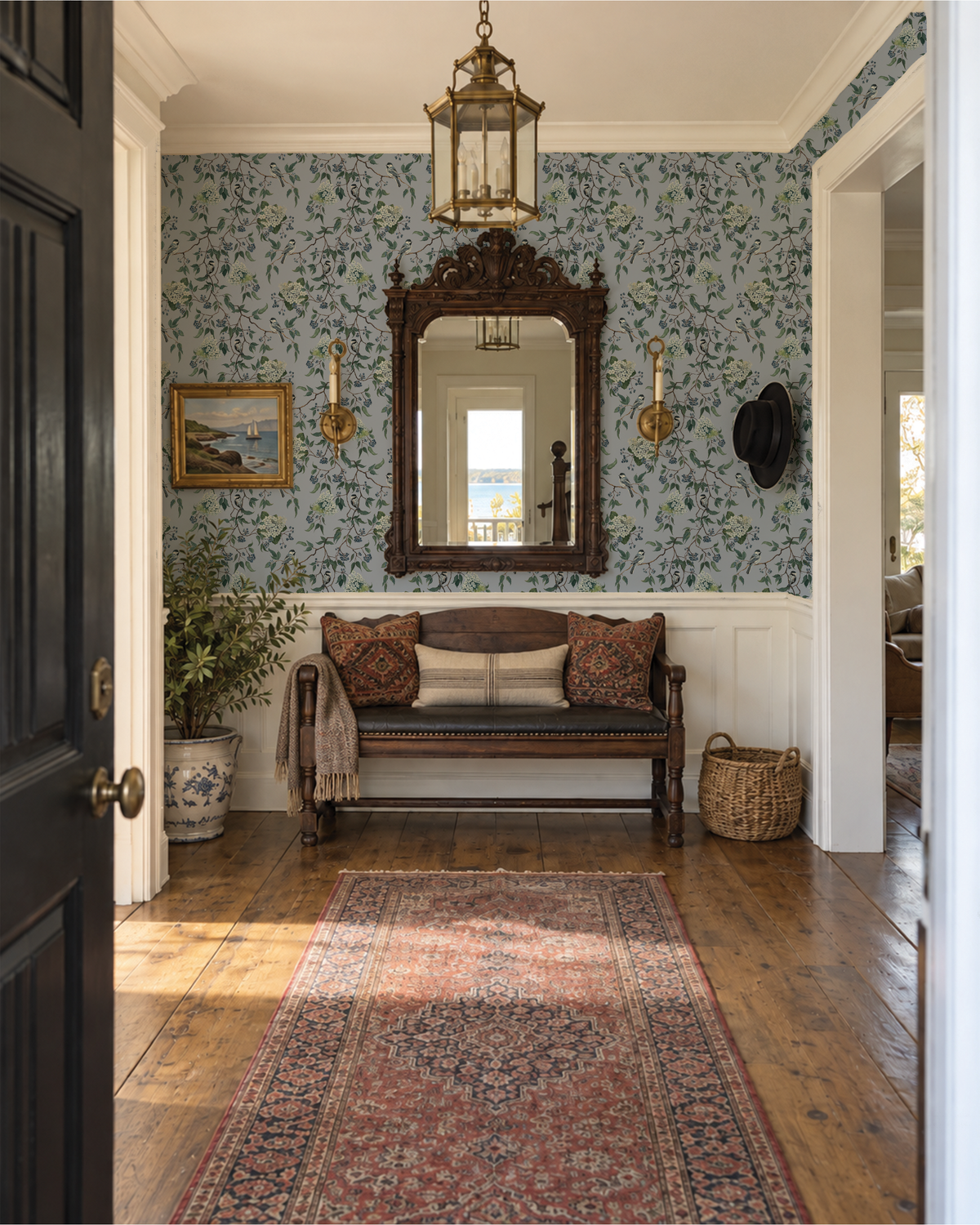 Sunken Garden Coastal Cottage Chickadee and Hydrangea Wallpaper Melissas blue