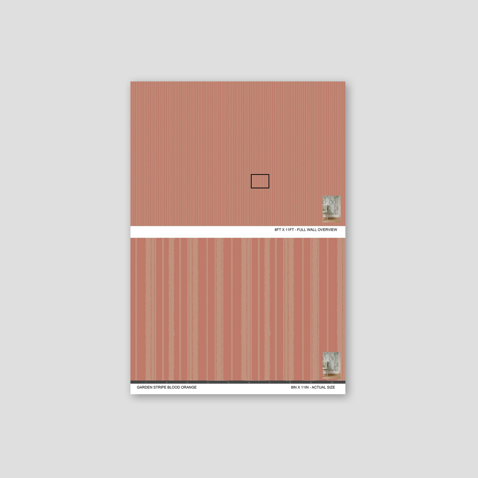 Garden Stripe Blood Orange wallpaper sample with coral and peach vertical stripes.