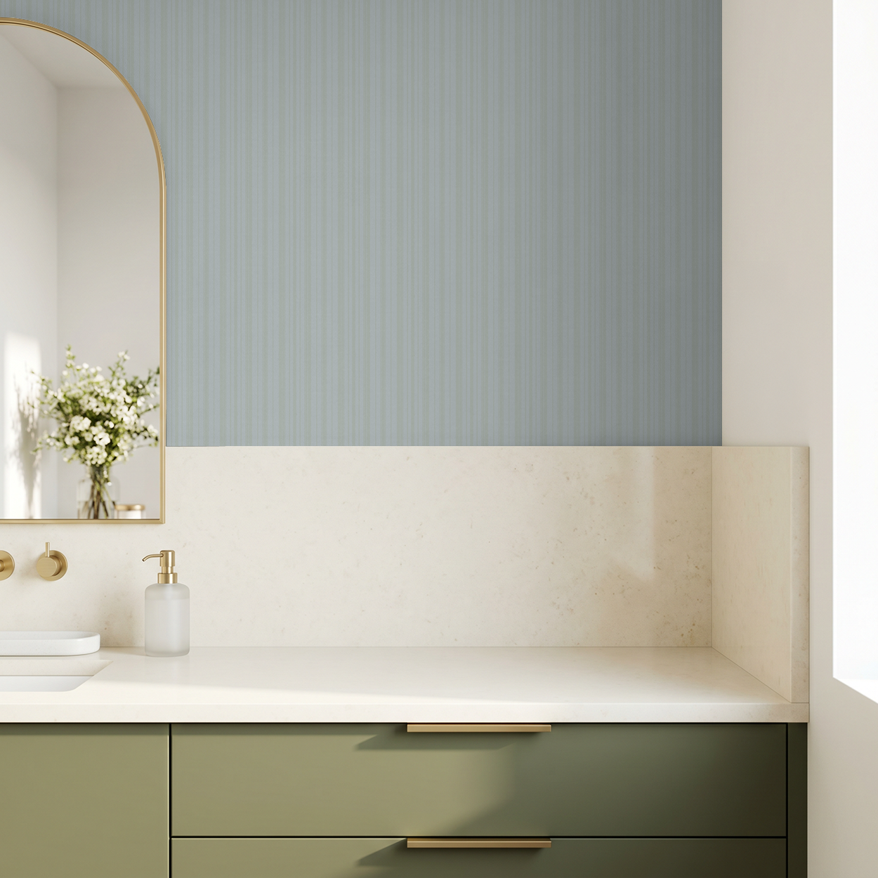 Modern bathroom with Garden Stripe blue-green wallpaper and light wood accents.