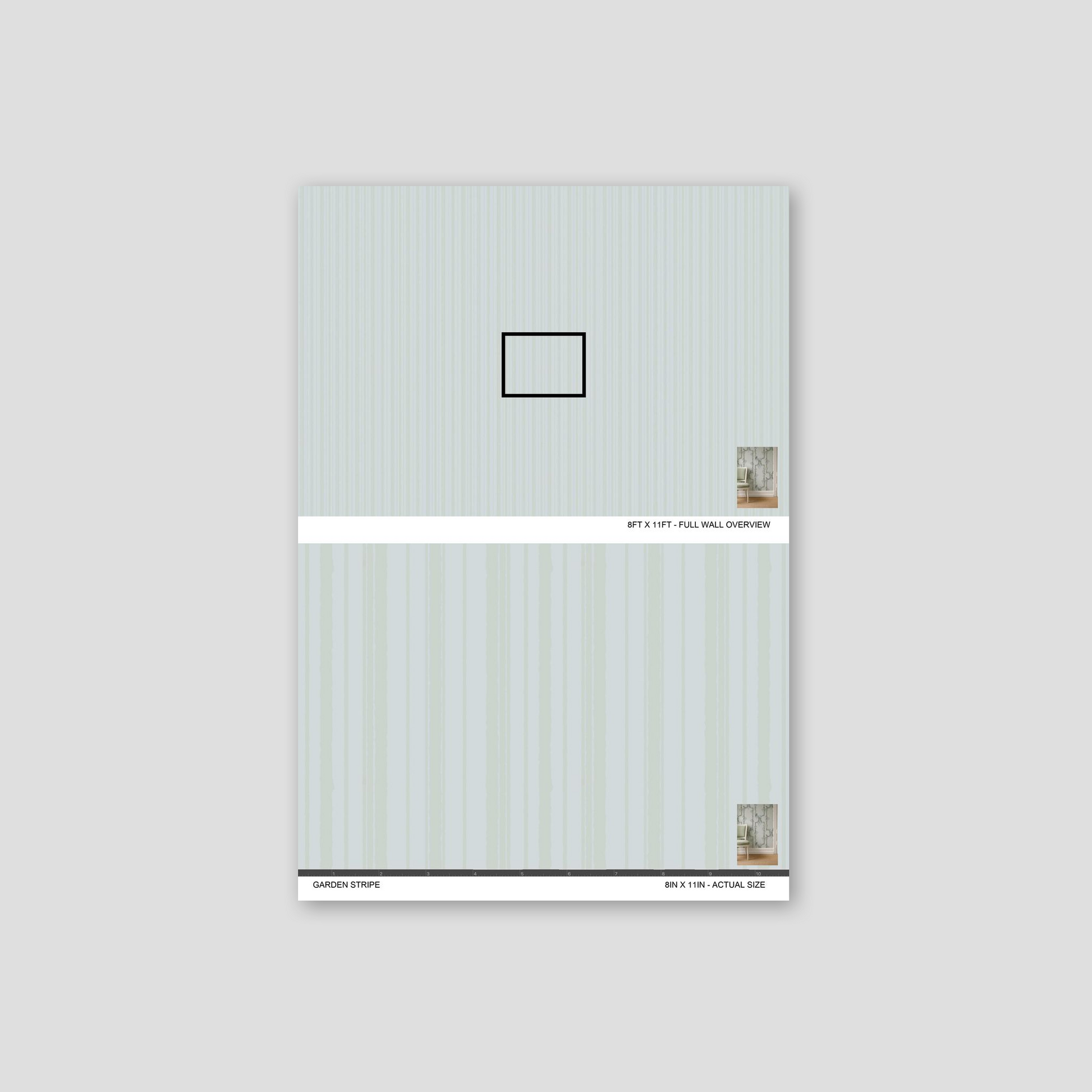 Garden Stripe wallpaper sample with cool blue and muted green vertical stripes.