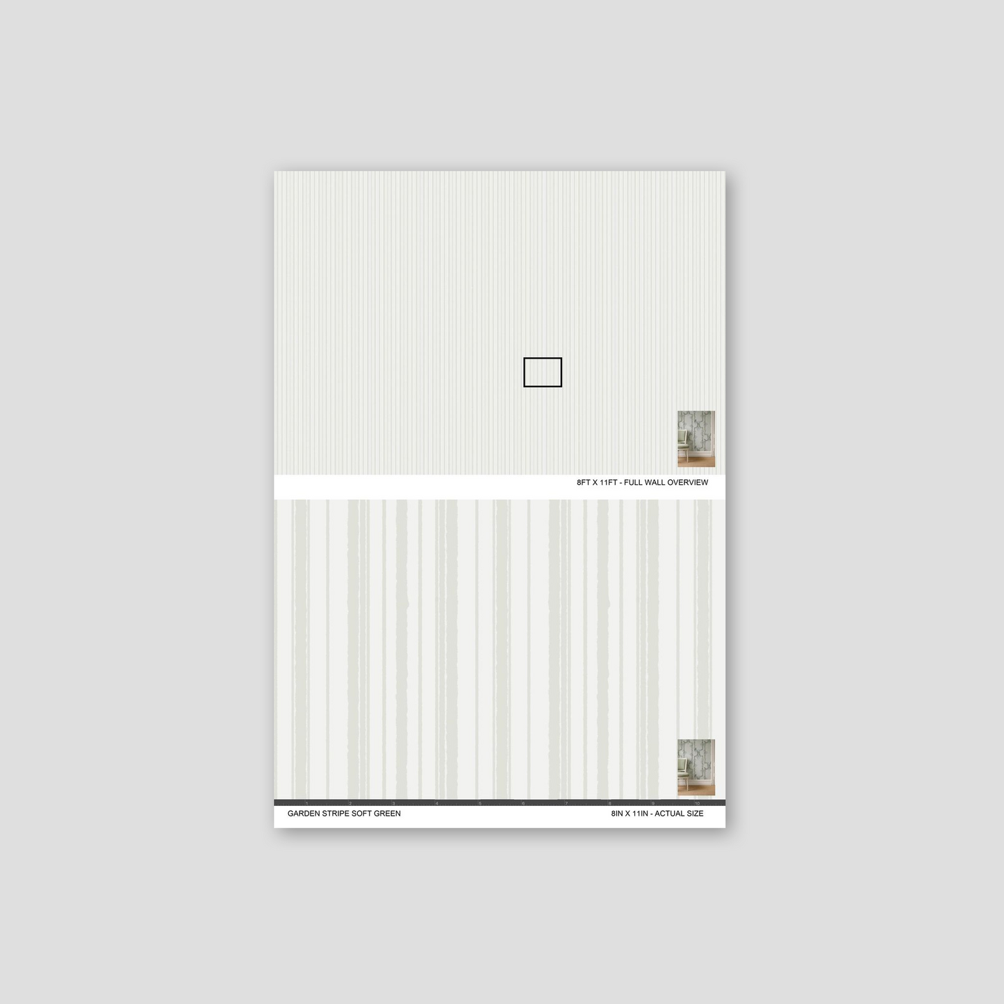 Garden Stripe Soft Green wallpaper sample with soft vertical stripes in sage tones.