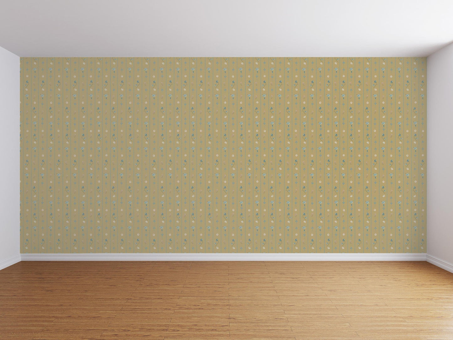 Golden floral wallpaper with delicate blooms in an empty room setting.