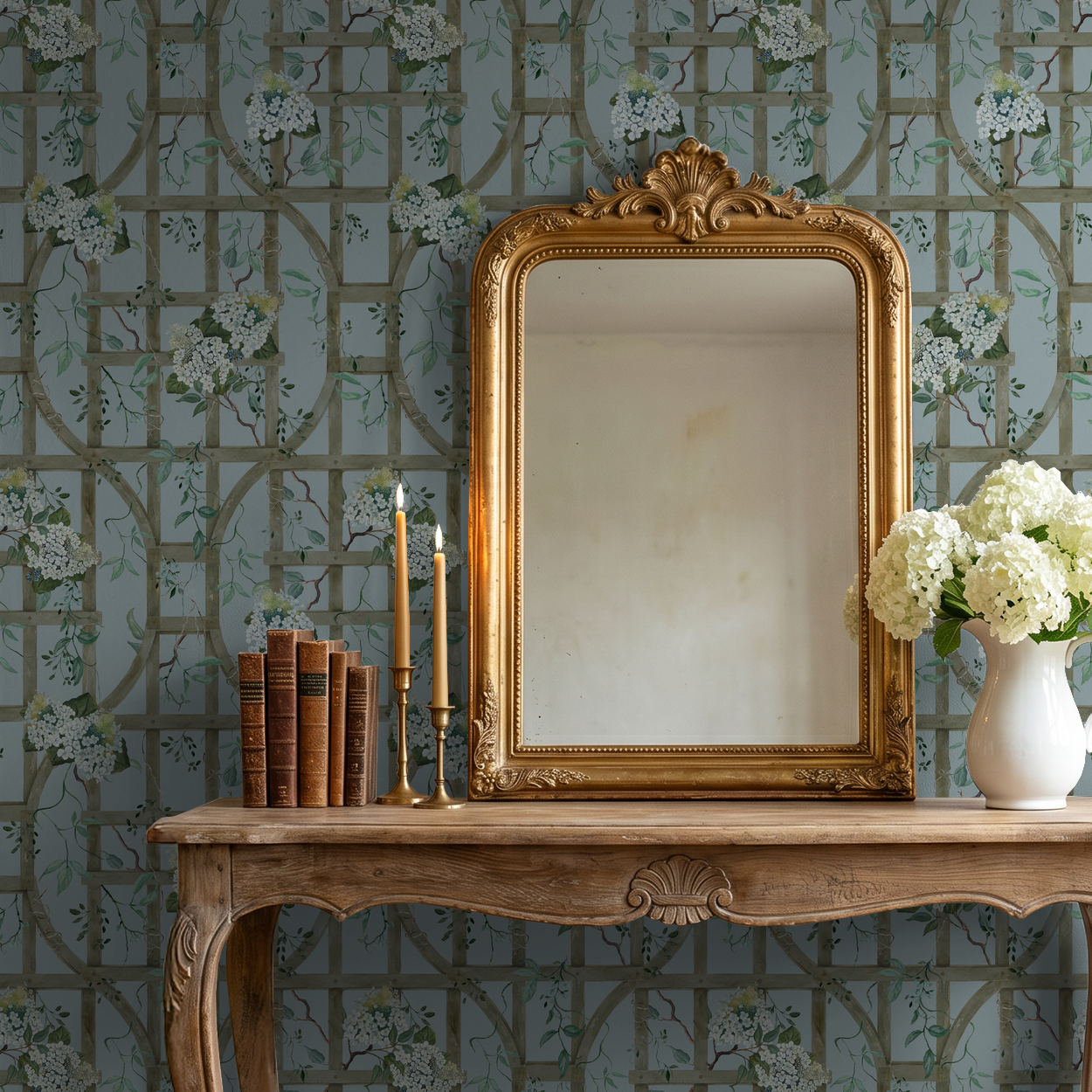 Gray blue trellis wallpaper with hydrangeas in elegant bathroom setting.mirror