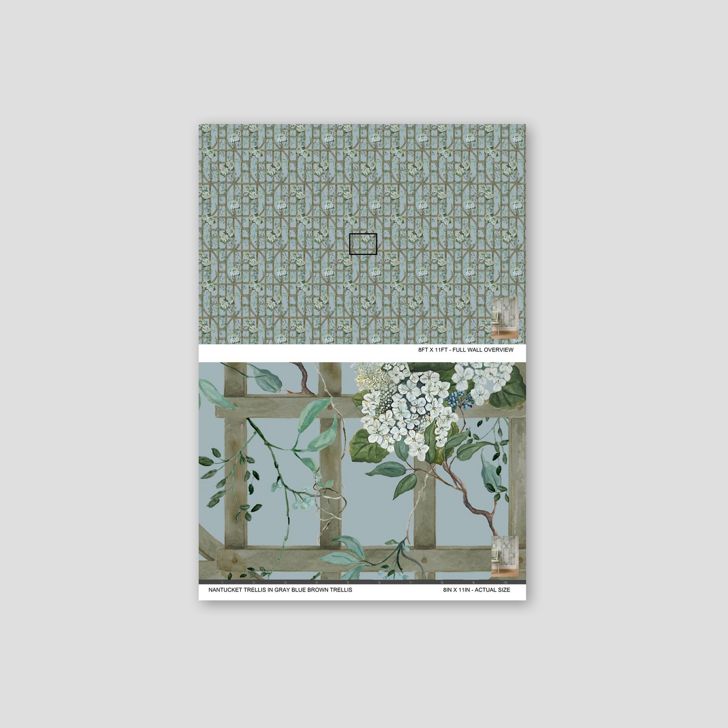 Gray blue trellis wallpaper with hydrangea floral design sample.