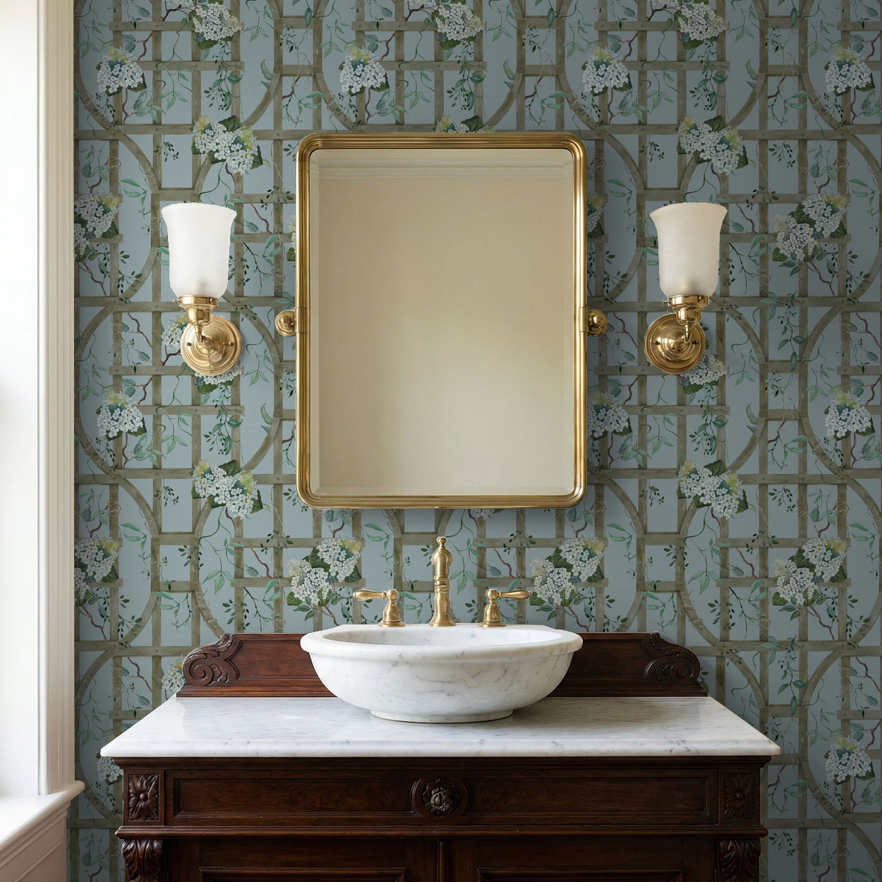 Gray blue trellis wallpaper with hydrangeas in elegant bathroom setting.