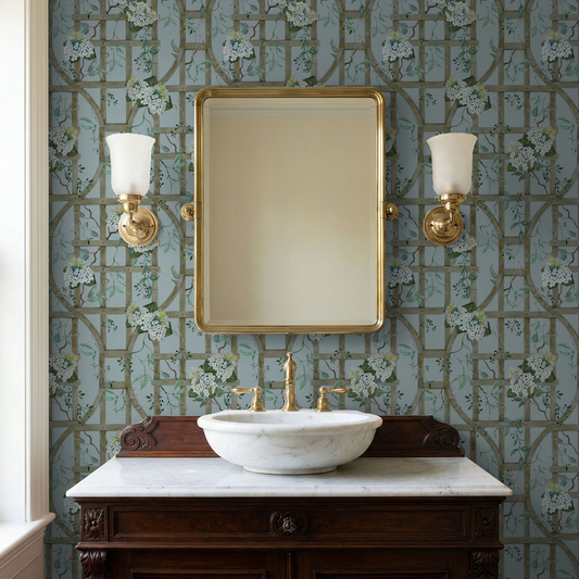Gray blue trellis wallpaper with hydrangeas in elegant bathroom setting.